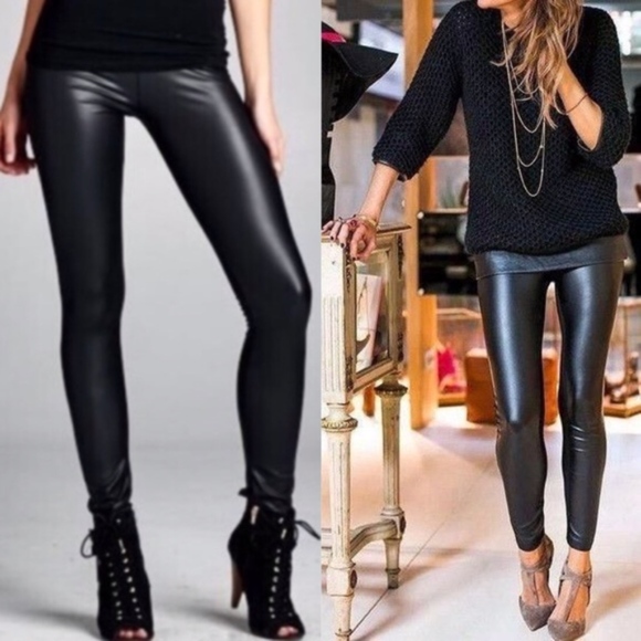 Solid Black matte Mid Waist Vegan leather Leggings - Picture 3 of 4